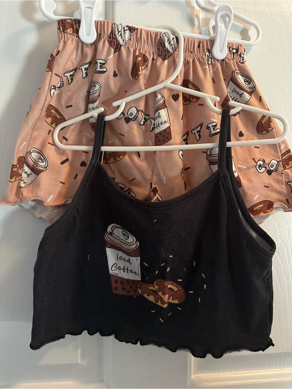 Girl’s Crop Top Pajama Set- Black Iced Coffee and Donut Print